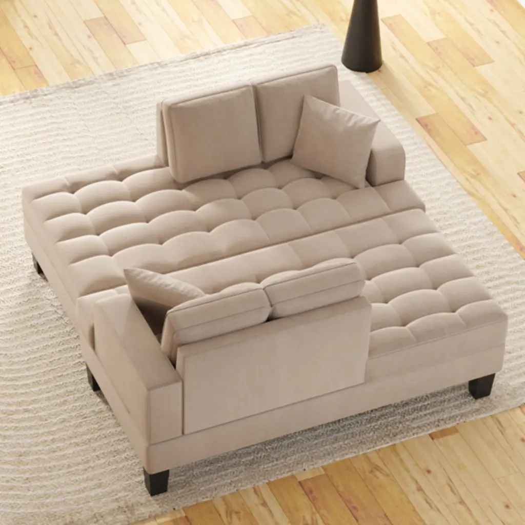 Video Deep Tufted Upholstered Textured Fabric 2 Piece Chaise Lounge Set gt