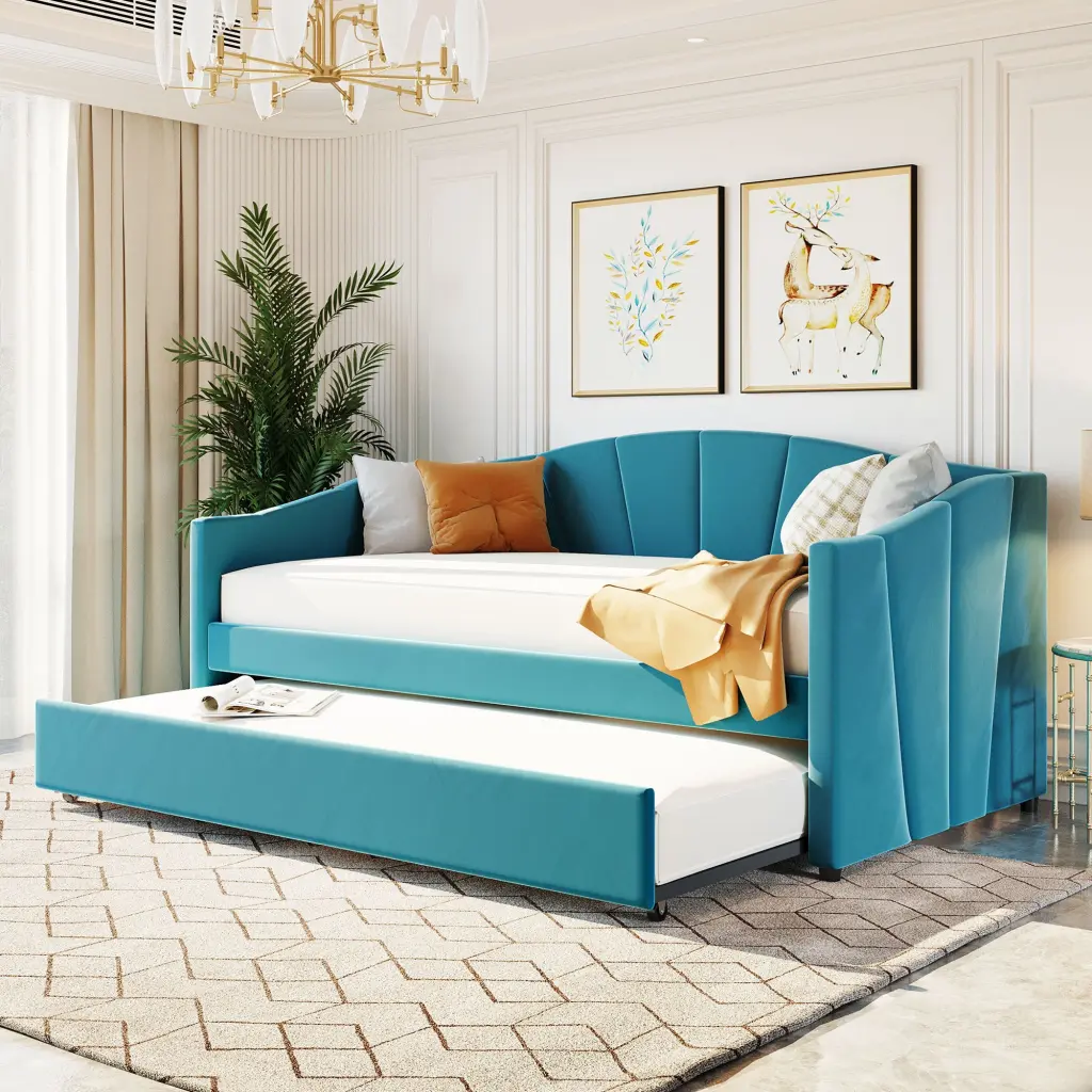 Upholstered Daybed Sofa Bed Twin Size Trundle Bed and Wood Slats lucky furniture