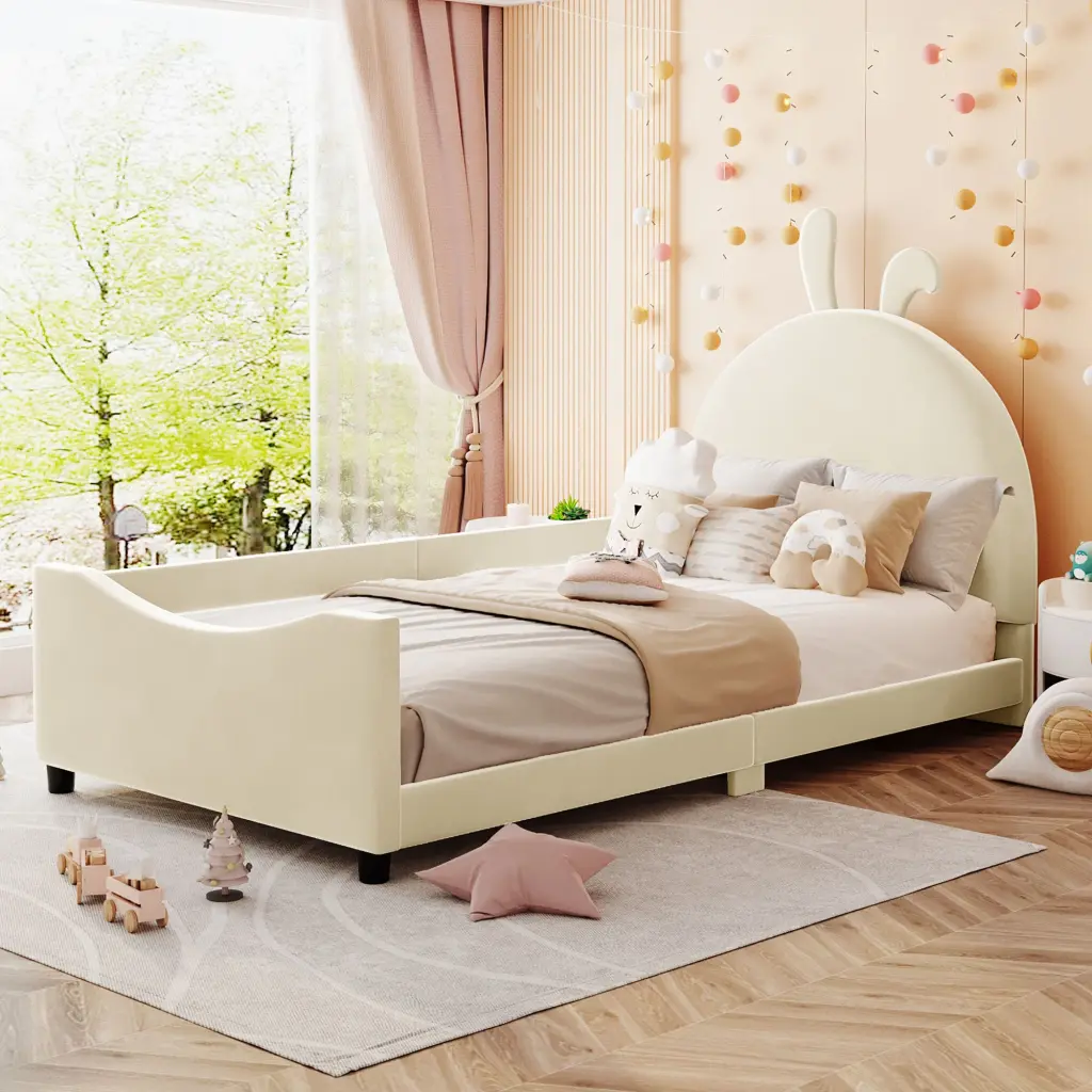 Twin Size Upholstered Daybed Rabbit Ear Headboard Beige lucky world