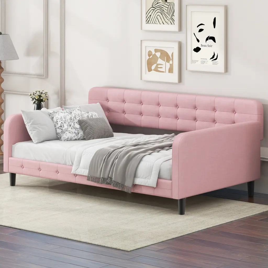 Twin Size Upholstered Tufted Daybed 4 Substantial Legs, Pink Box Spring wm dreamland