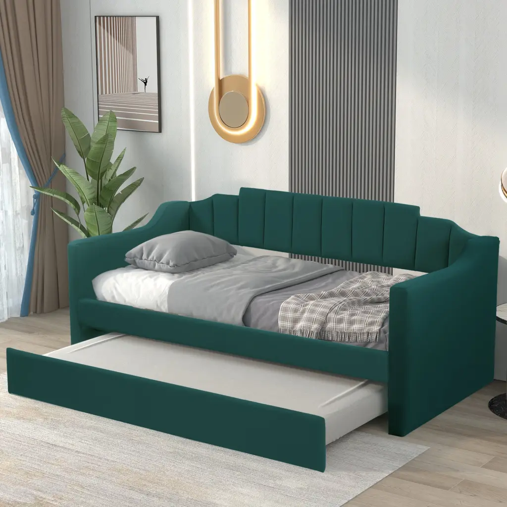 Upholstered Twin Daybed Trundle Green Polyester Fabric wm store