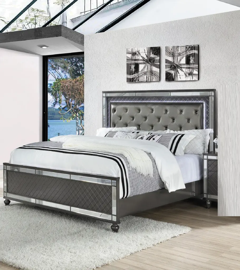 Modern Glam Style Upholstered Headboard Button Tufting Glass Inlay 1Pc kanepe
