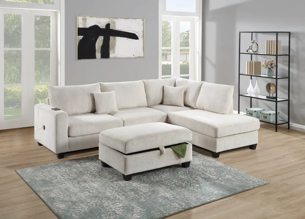 Ivory Color 3 Piece Sectional Set Corduroy Upholstered Sofa and Chaise kanepe