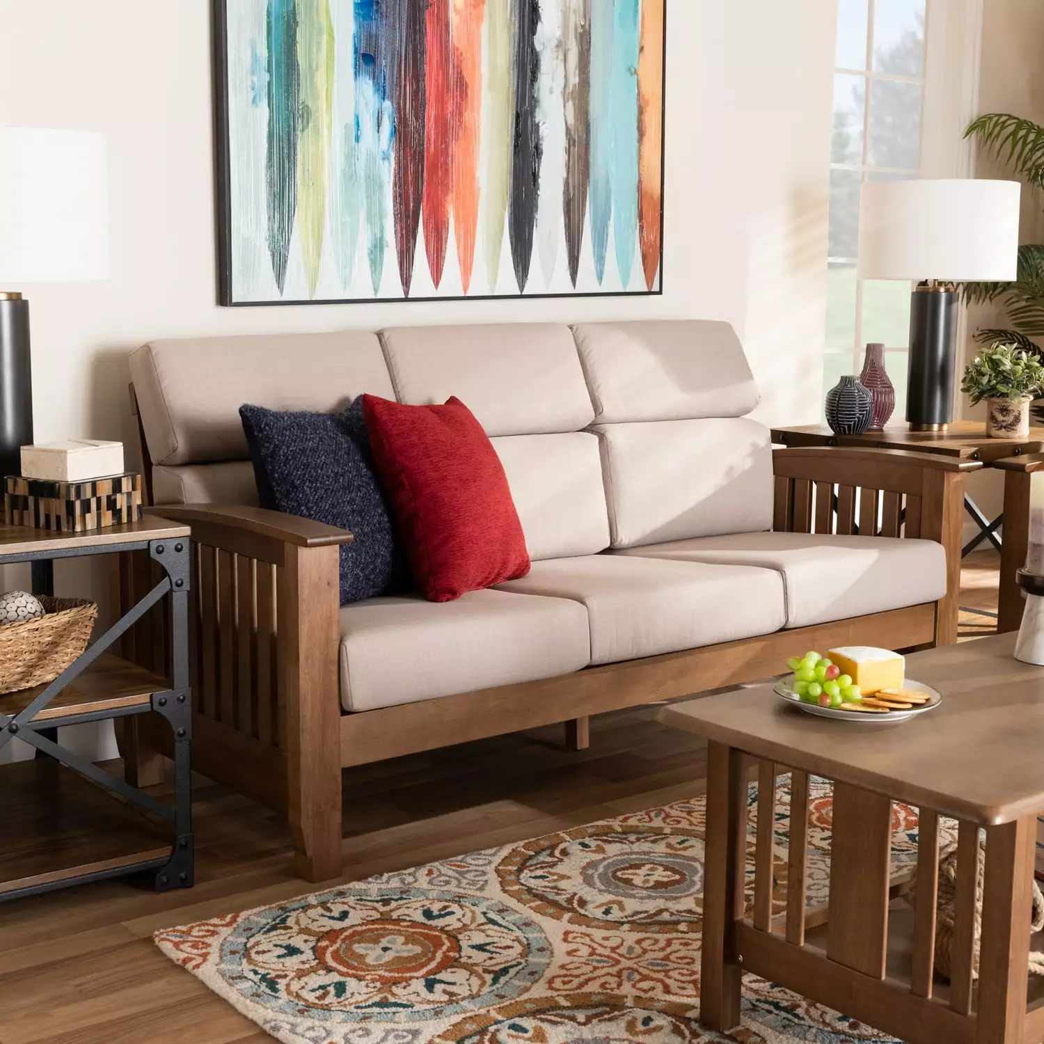 Baxton Studio Charlotte Taupe Upholstered Walnut Finished Wood 3-Seater Sofa