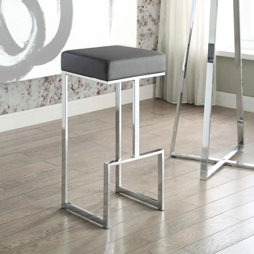 Grey and Chrome Upholstered Bar Stool Dining Room Foam Seat furniture max