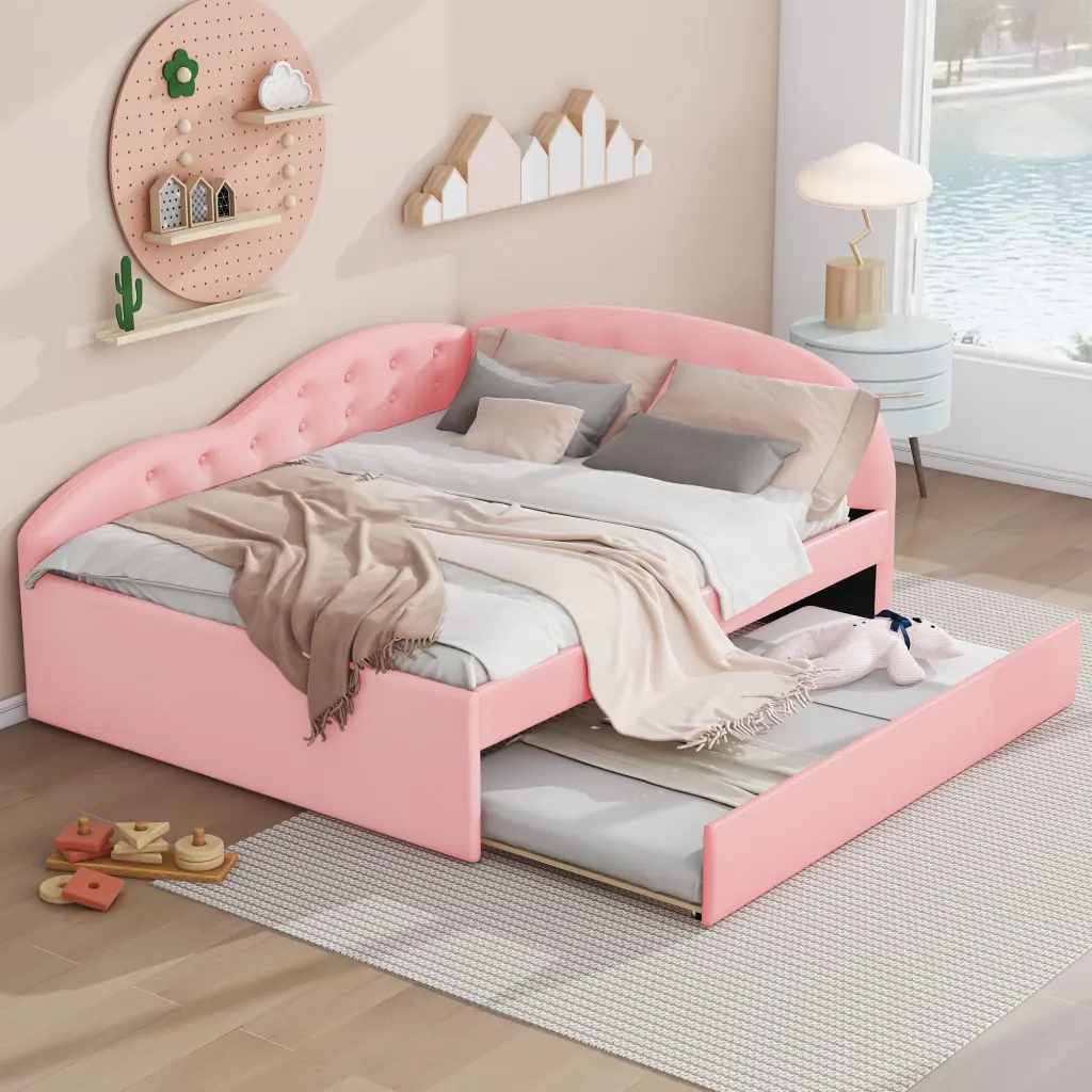 Full Size PU Upholstered Tufted Daybed Trundle Cloud Design wm store