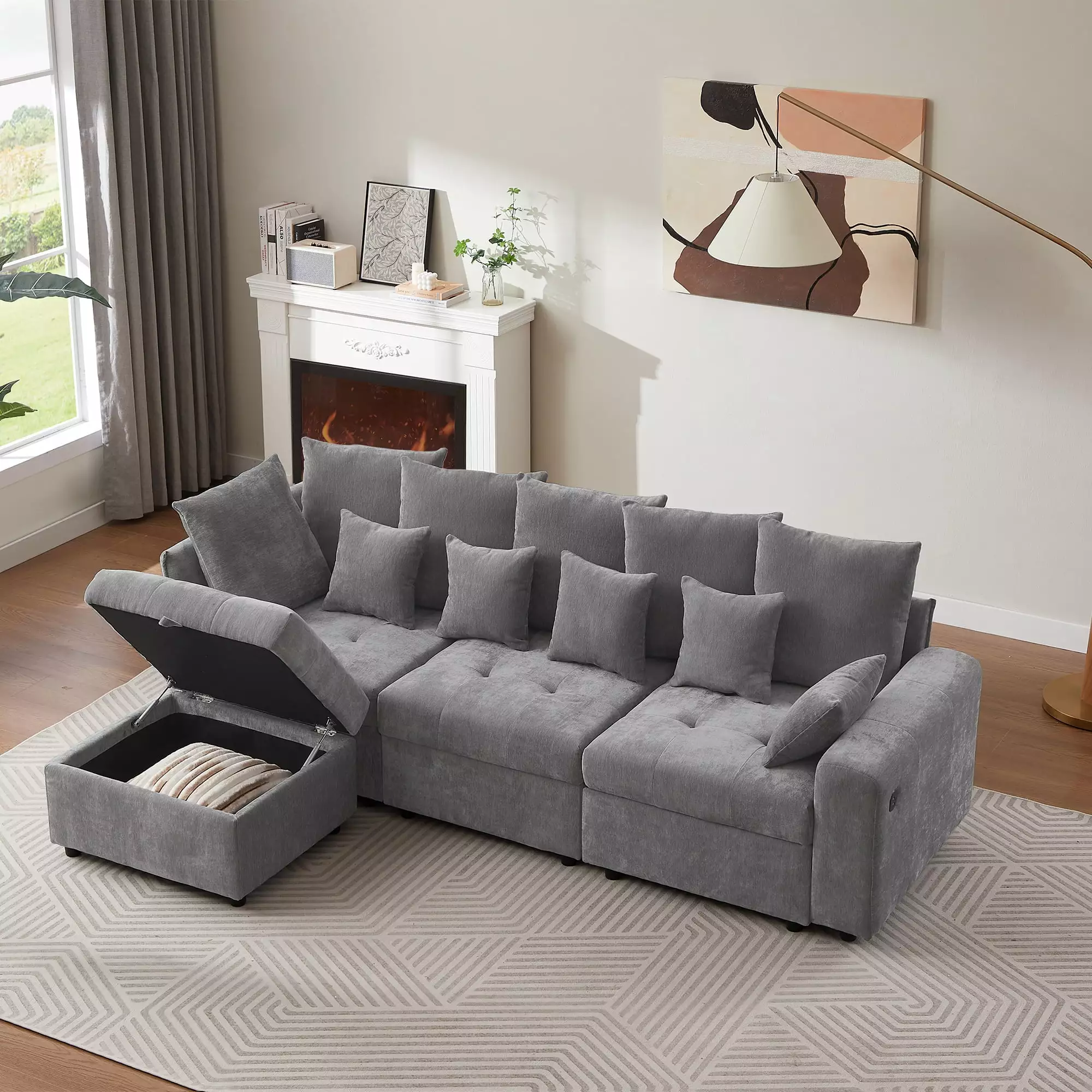 96.45 Sectional Sofa Modular Sofa Couch Three USB Ports Removable Storage Ottoman and Five Back Pillows Grey OMCCHK
