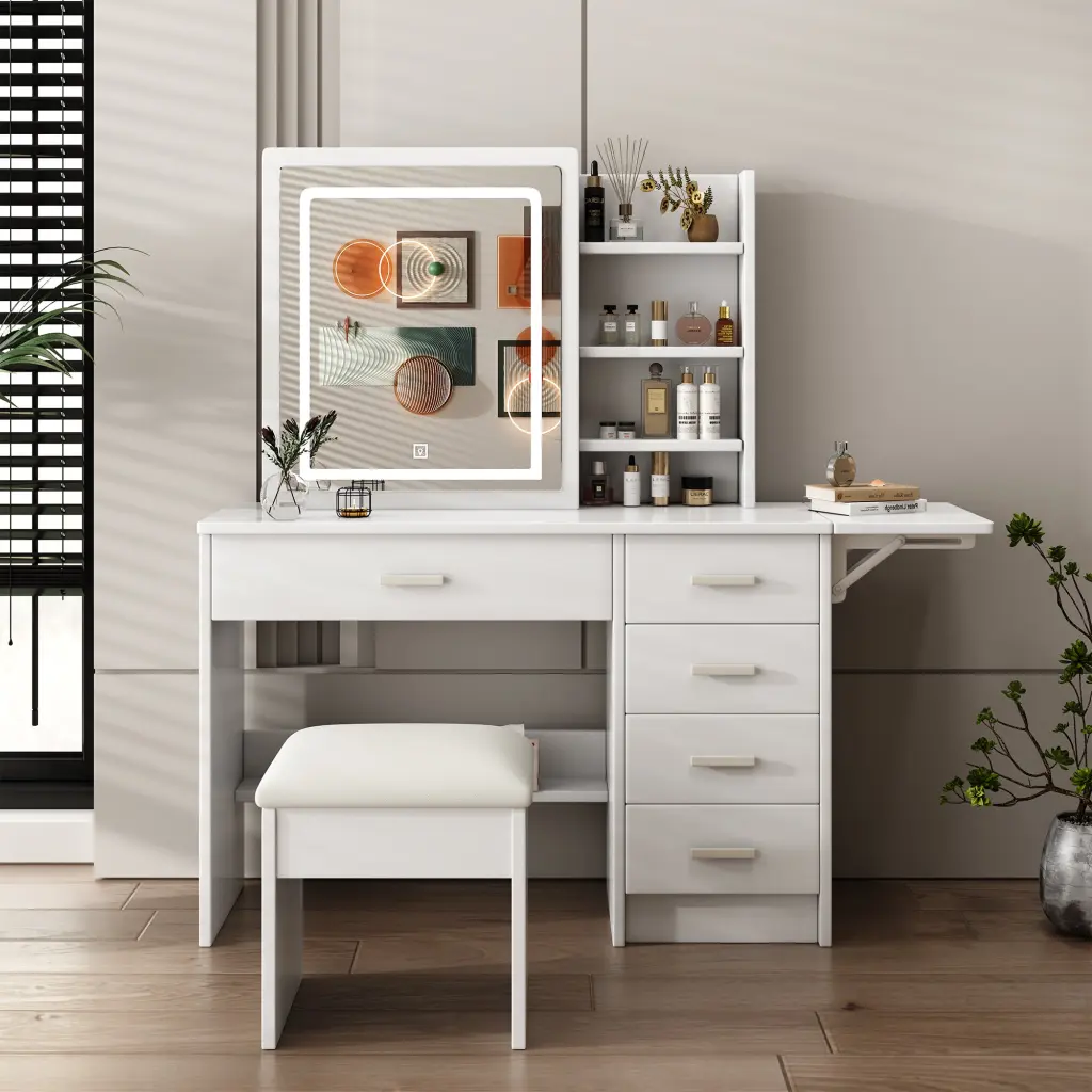 Fashion Vanity Desk Mirror and Lights Makeup Open Shelves montary