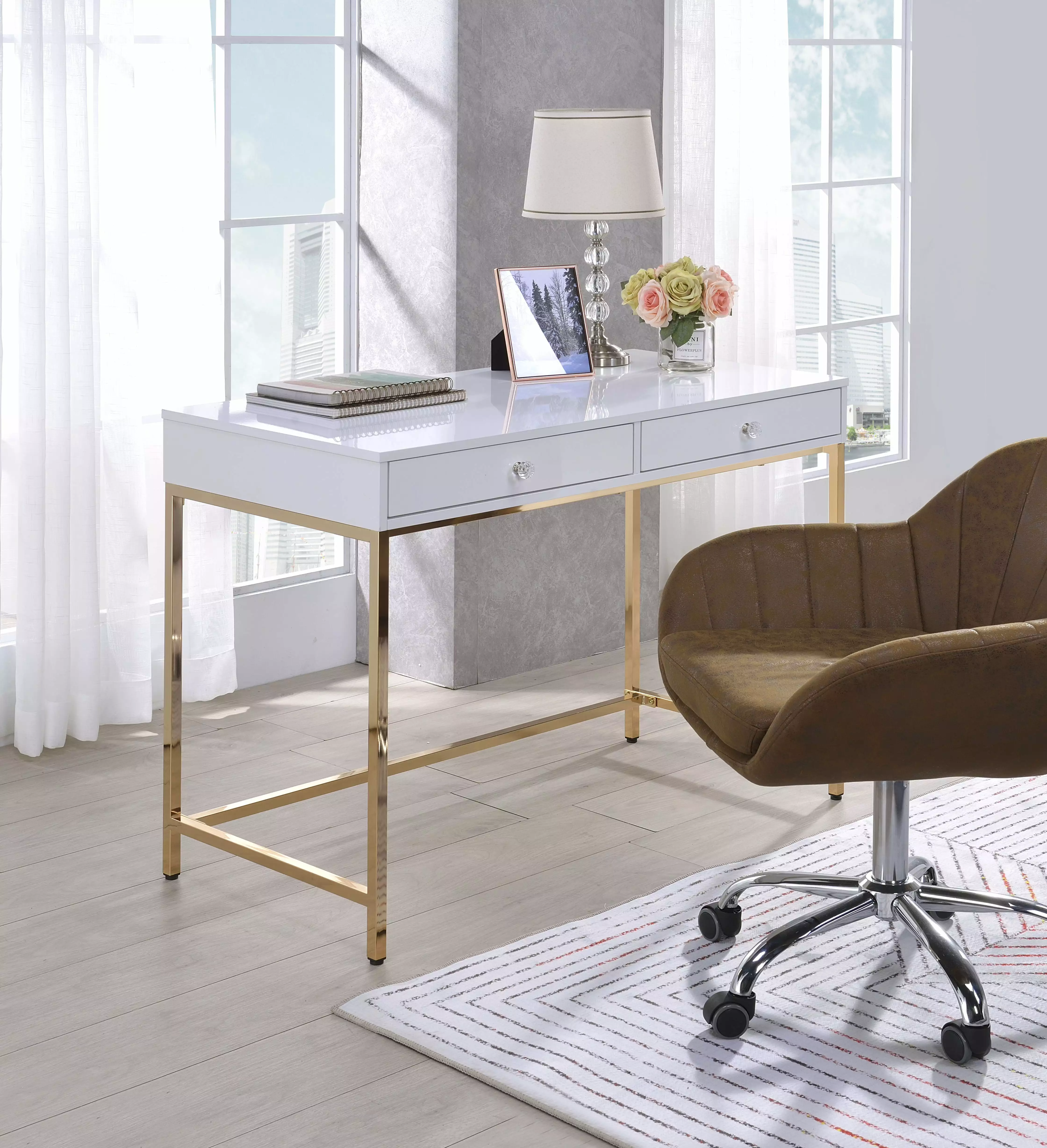 GeeHome Ottey Vanity Desk White High Gloss & Gold Finish AC00899 Modern Makeup Desk