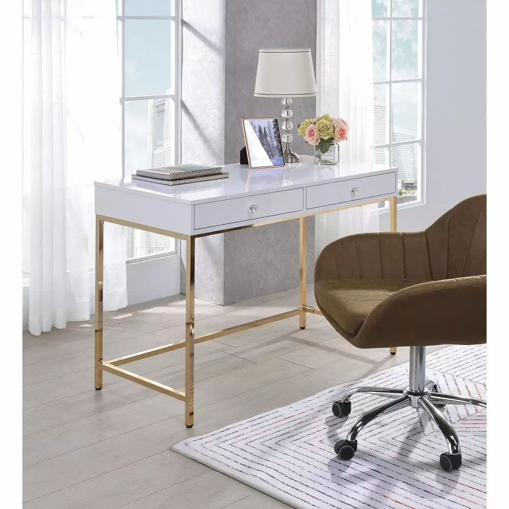 Homiyad Desk White High Gloss & Gold Modern Vanity Desk