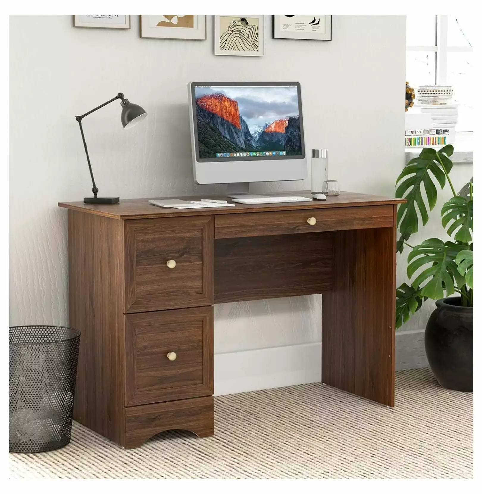 Killeryuki Brown Computer Desk - 44 Inches Desk Drawers - Modern Makeup Vanity & Writing Desk
