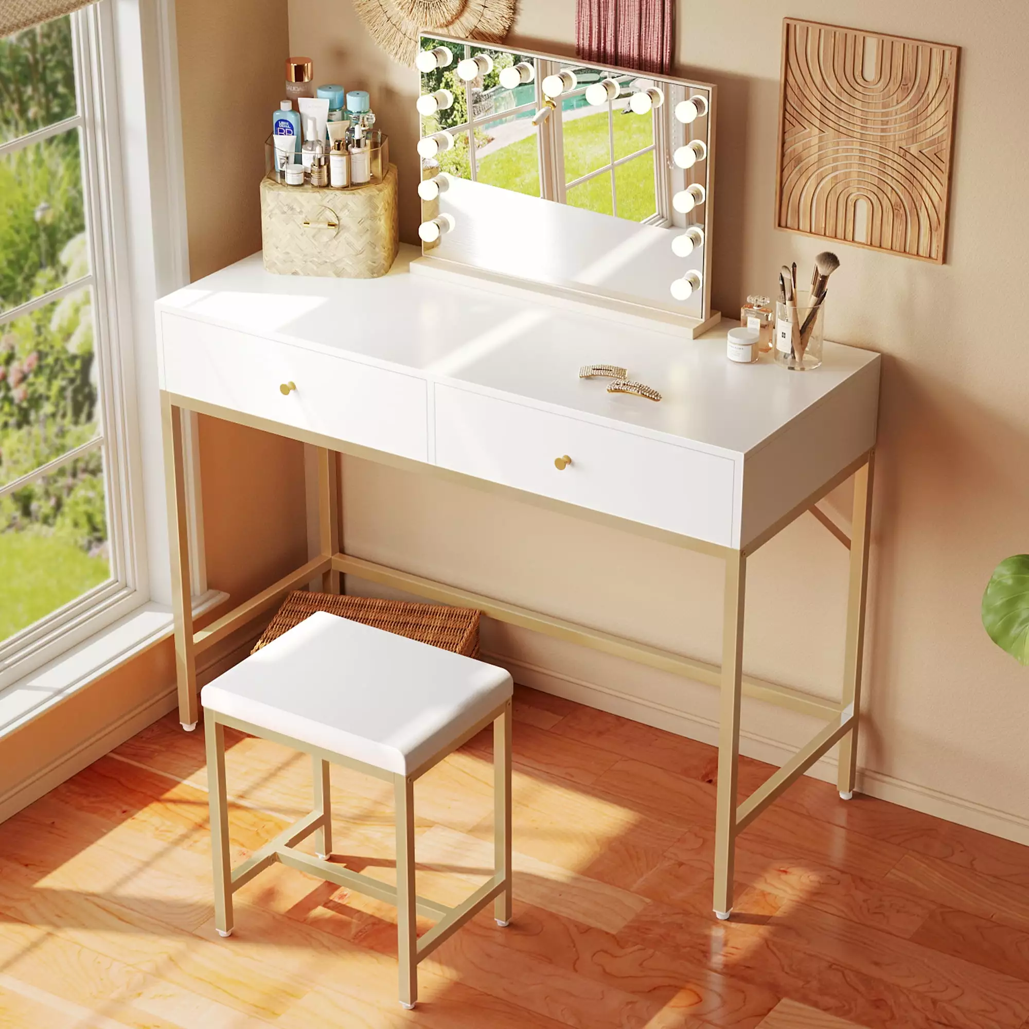 Computer Desk 2 Drawers - Modern Vanity Desk Padded Stool - 35.4 White and Gold Desk SUPERJARE