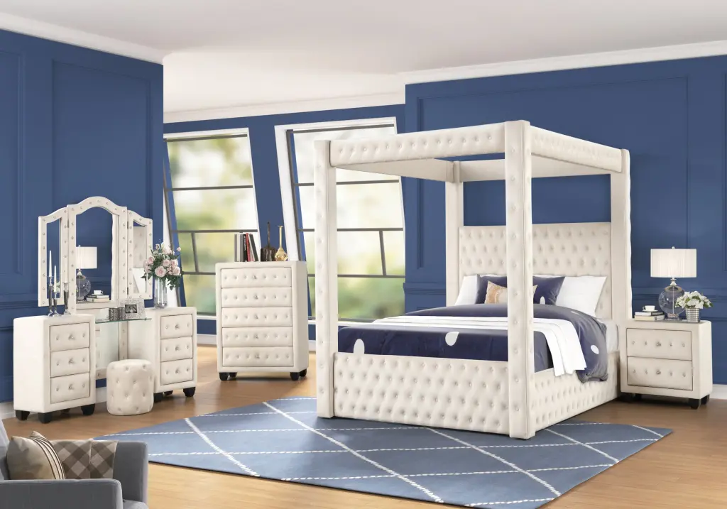 Monica Opulent Four Poster Full 5 Piece Vanity Bedroom Set Wood Frame galaxy home furnishings