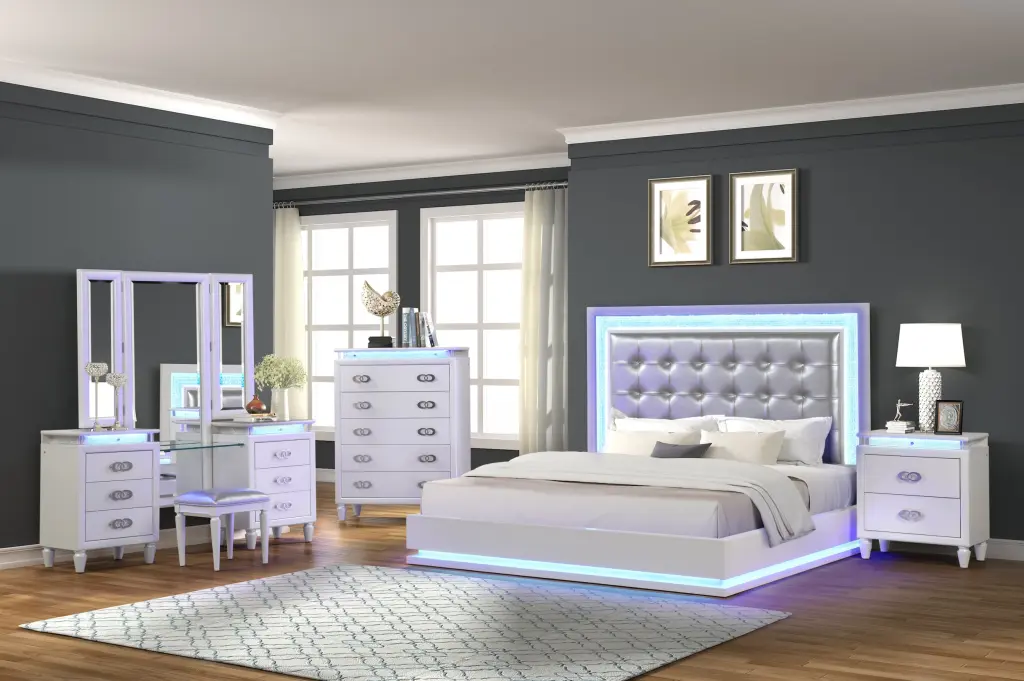 Passion King 5 Piece Vanity LED Bedroom Set Wooden Milky White Dresser Mirror galaxy home furnishings