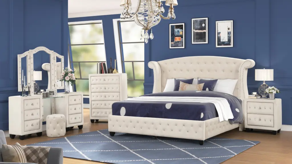 Sophia Crystal Tufted King 5 Piece Vanity Bedroom Set Wood Contemporary Design galaxy home furnishings