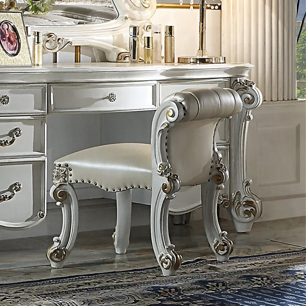 Beige and Antique Silver Vanity Stool Trim Makeup Seat furniture max