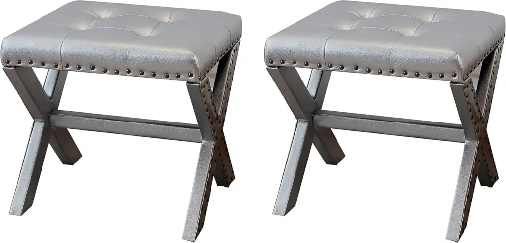 Set 2 Silver Modern Stylish Vanity Stools Upholstered Fabric Trim kanepe