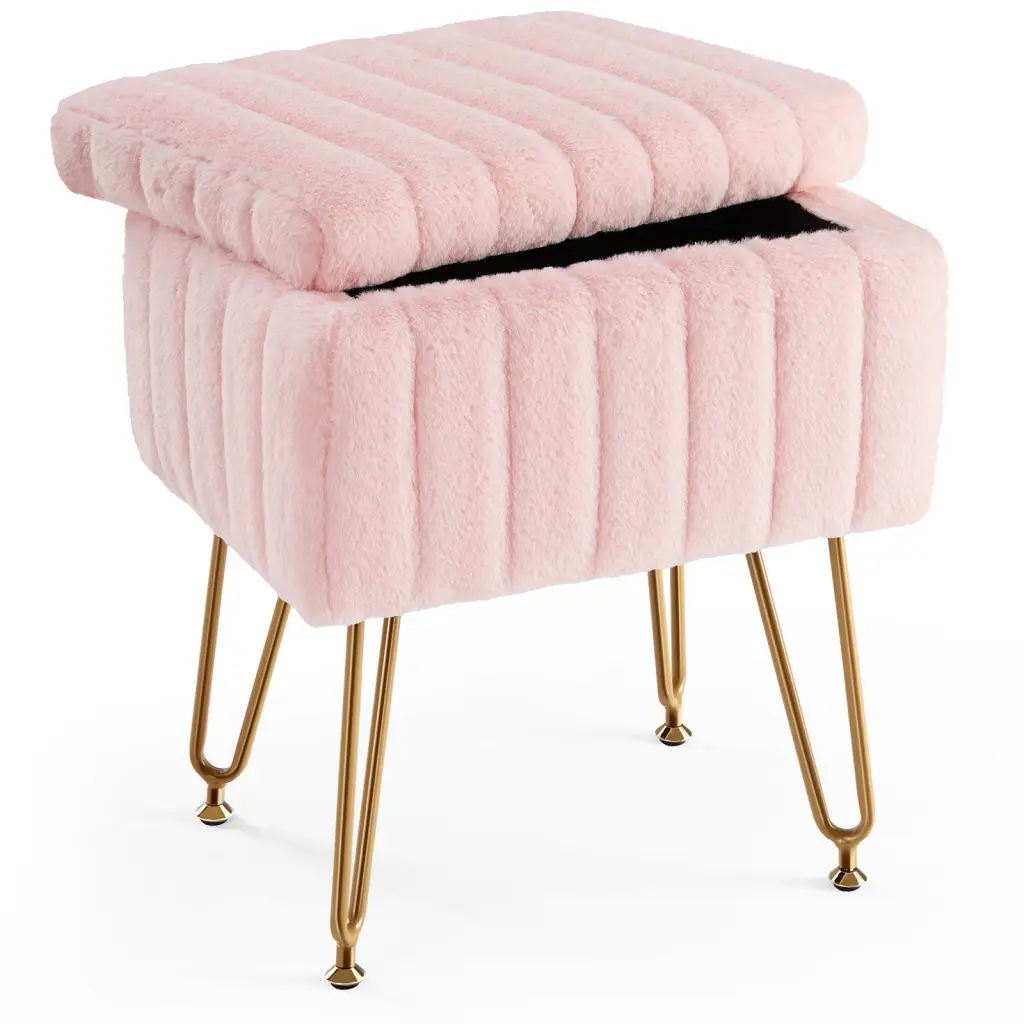 Vanity Stool Chair Storage Ottoman Faux Fur Soft Padded Makeup Seat w2201