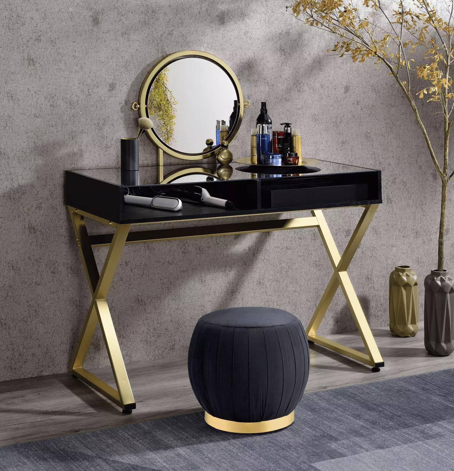 CoSoTower Vanity Desk Mirror and Jewelry Tray Black and Gold Finish