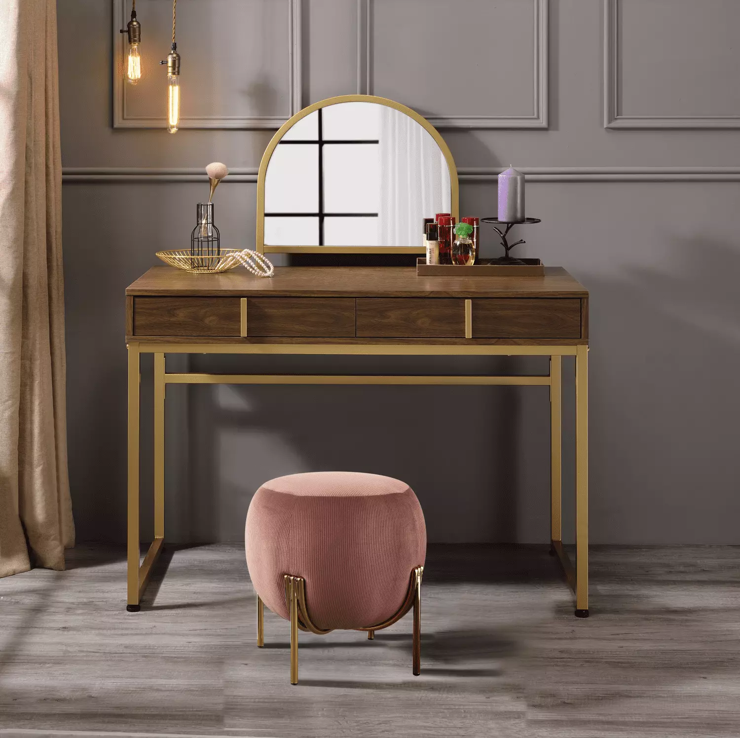 CoSoTower Vanity Desk Mirror & Jewelry Tray Walnut & Gold Finish - Elegant Dressing Table