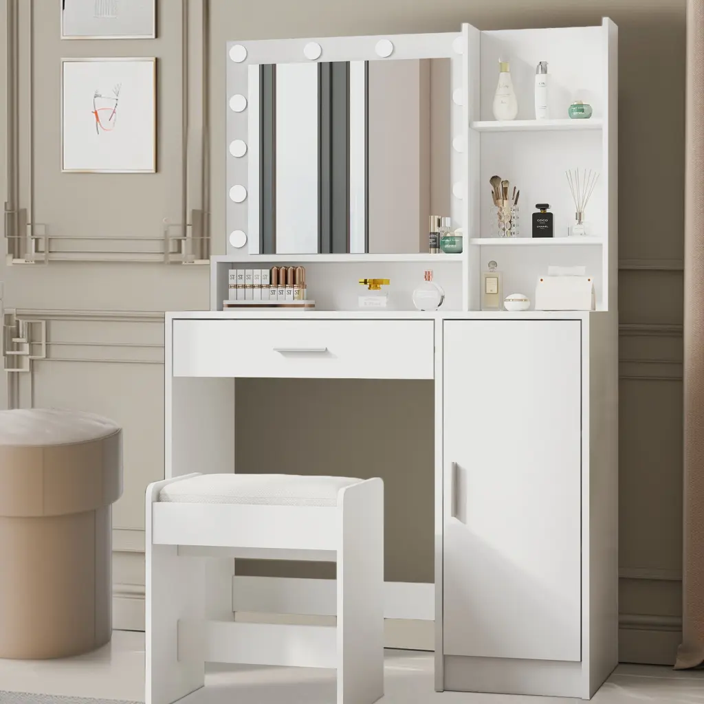 Vanity Desk Mirror and Light Large Drawer Three Level Storage mirrotowel