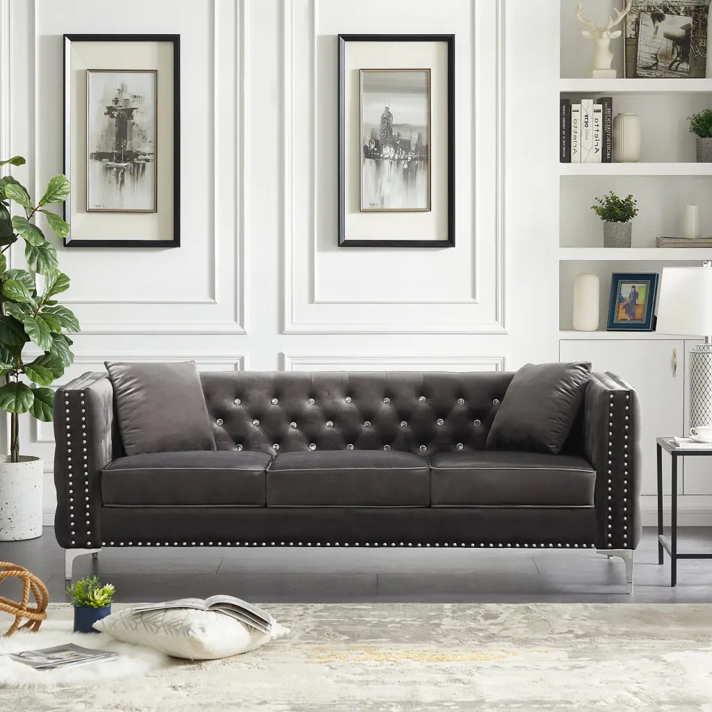 82.3 Inch Modern Velvet Sofa Jeweled Buttons Tufted Square Arm Couch Living Room aijiafurniture