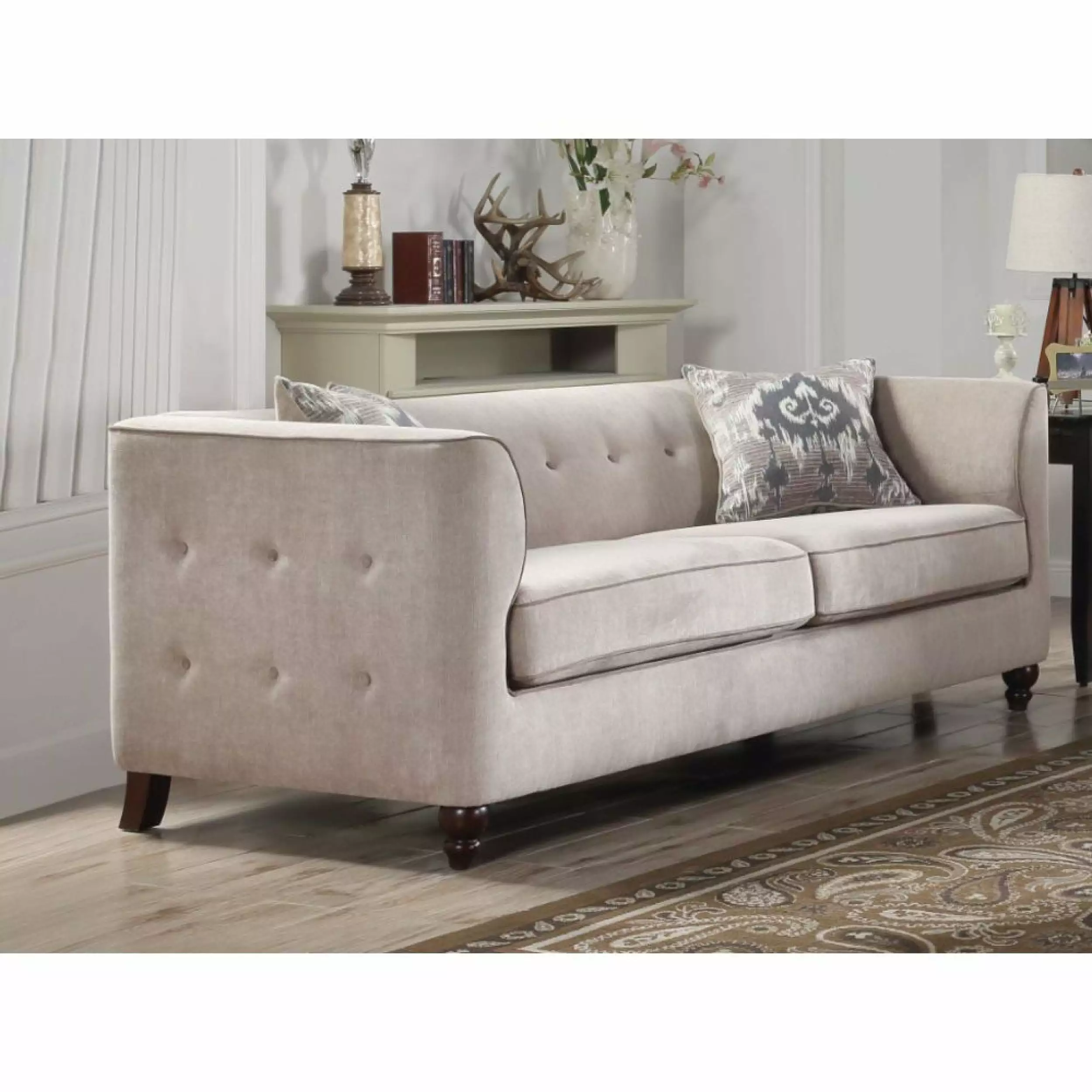 Miekor Furniture Cyndi Sofa 2 Pillows Tan Velvet Modern Living Room Couch