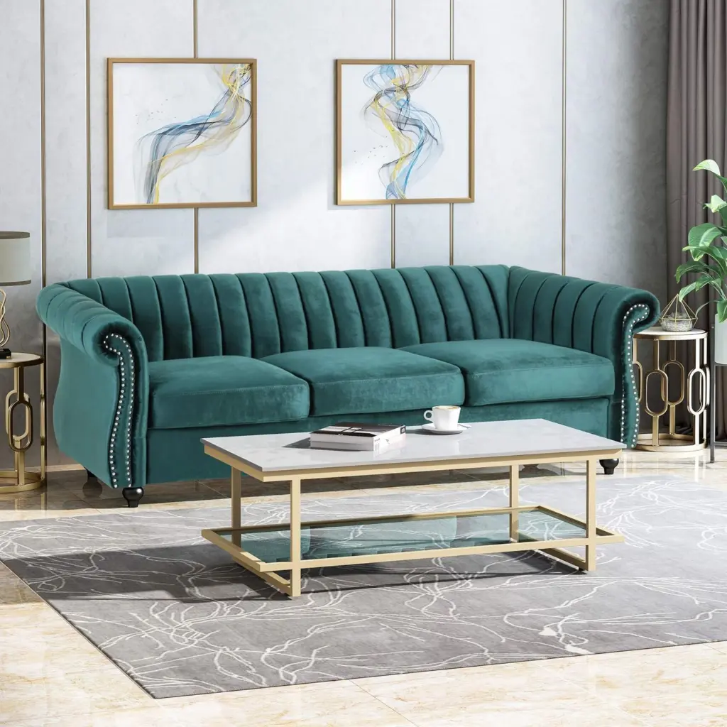 84 Inch Teal 3 Seater Velvet Sofa Button Tufted Trim Curved Back nh-echo