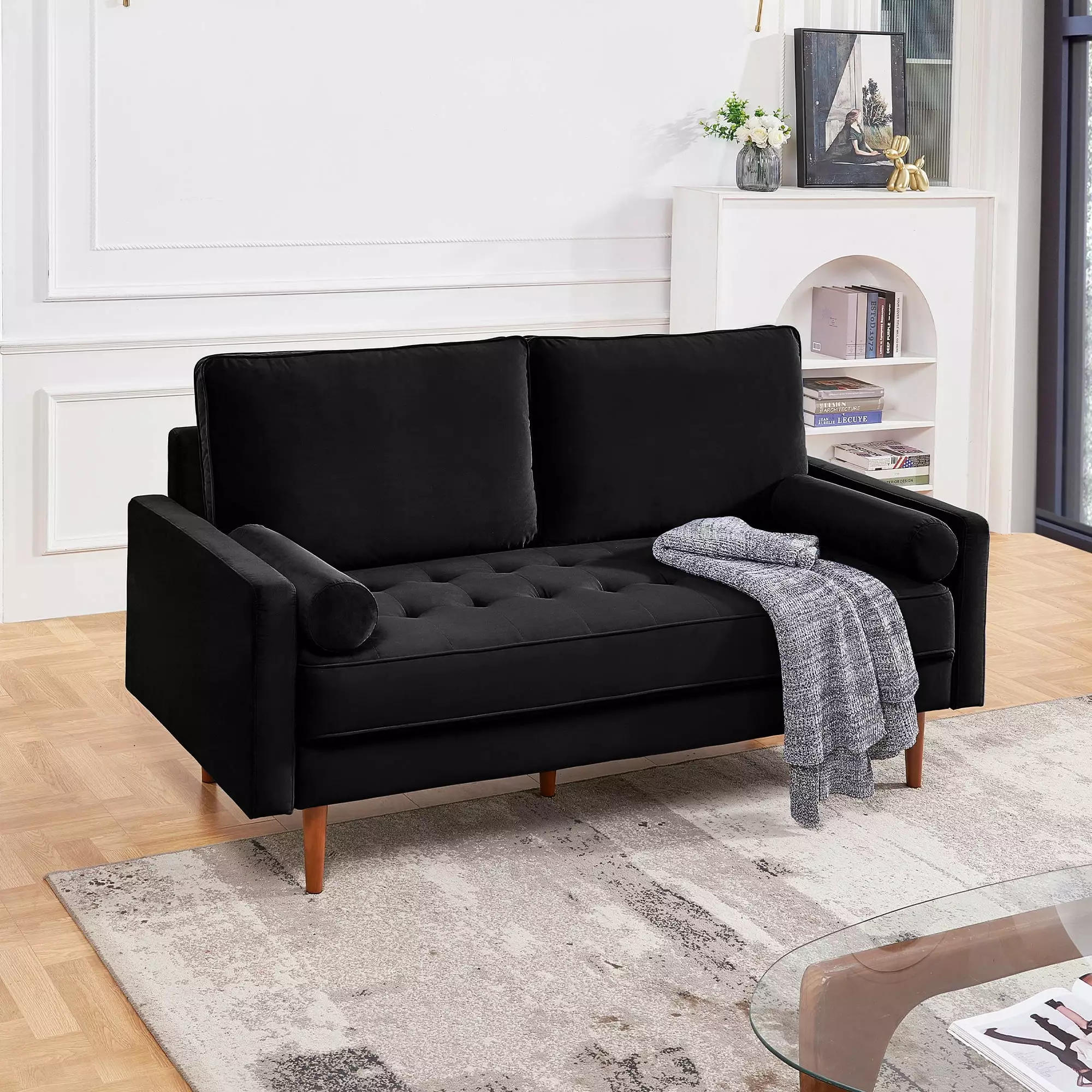 69 Inch Wide Upholstered Two Cushion Sofa Bolster Pillows Black Velvet OS Home & Office Furniture