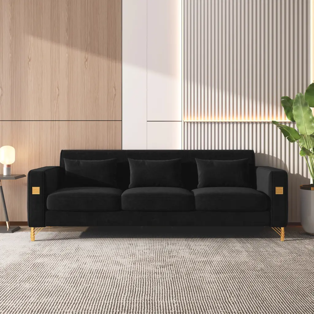 Velvet Sofa Pillows and Gold Finish Metal Legs Living Room Black w1311 artisan furniture