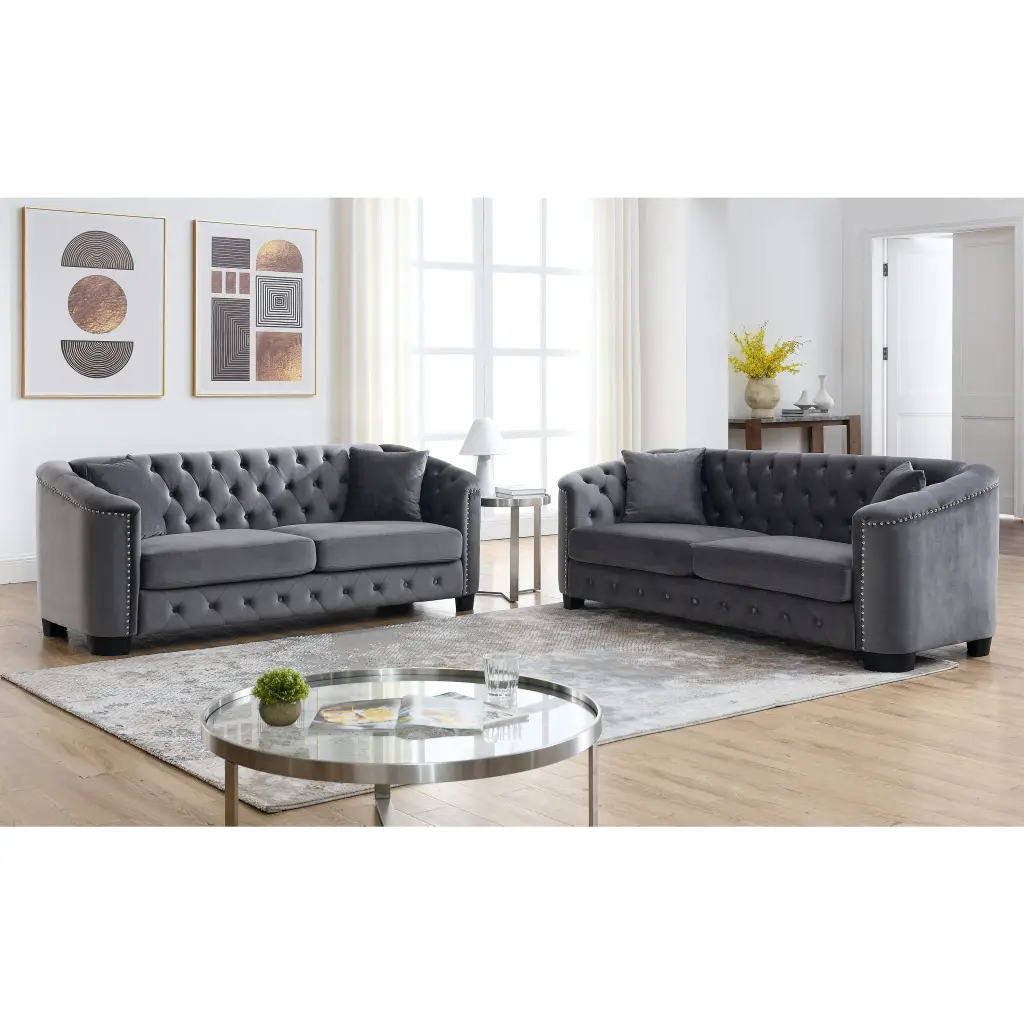 3 Seater Velvet Grey Combination Sofa Foam Cushions welike furniture