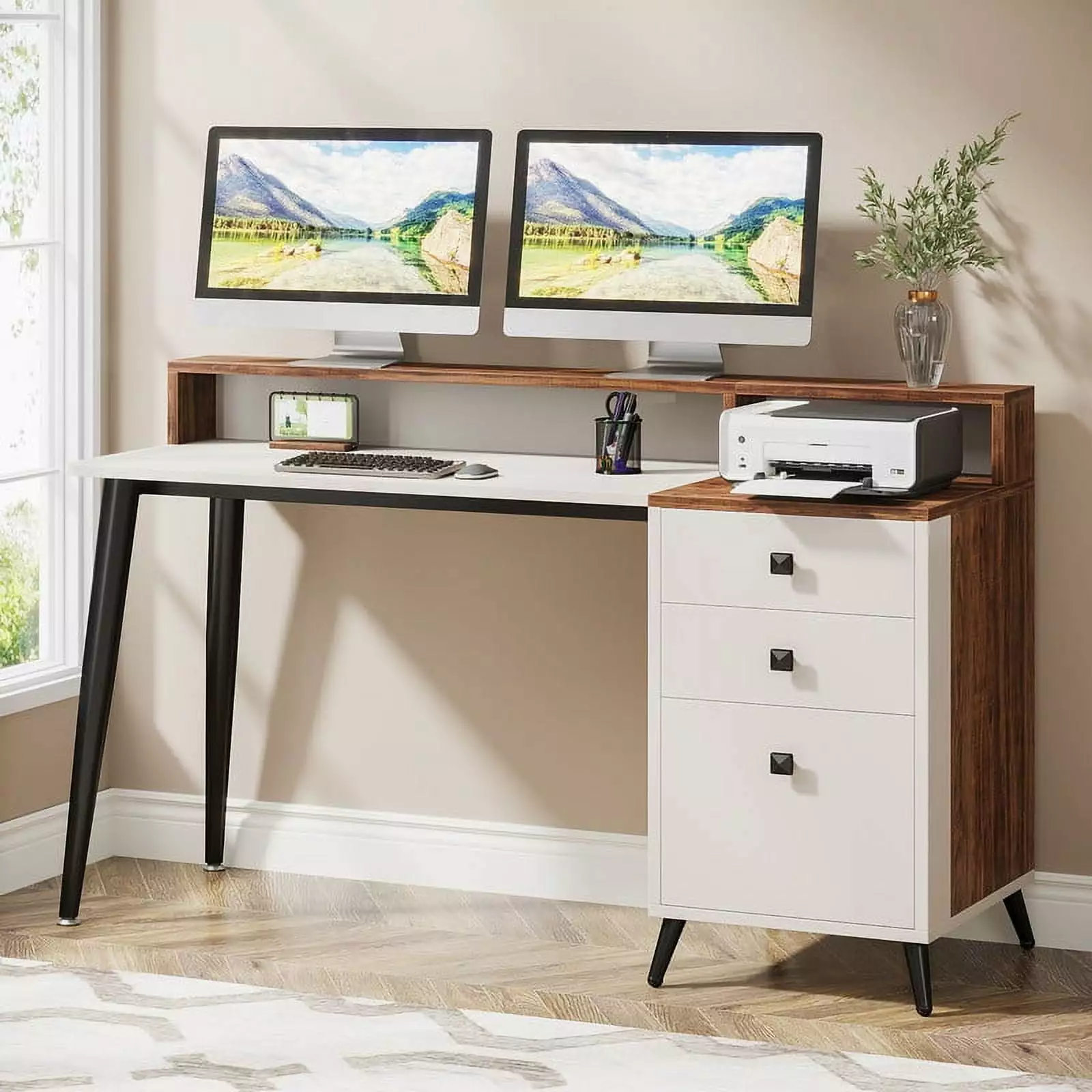 Tribesigns Computer Desk File Drawer Storage Shelves 56.3 Vintage Desk Monitor Stand Study Desk