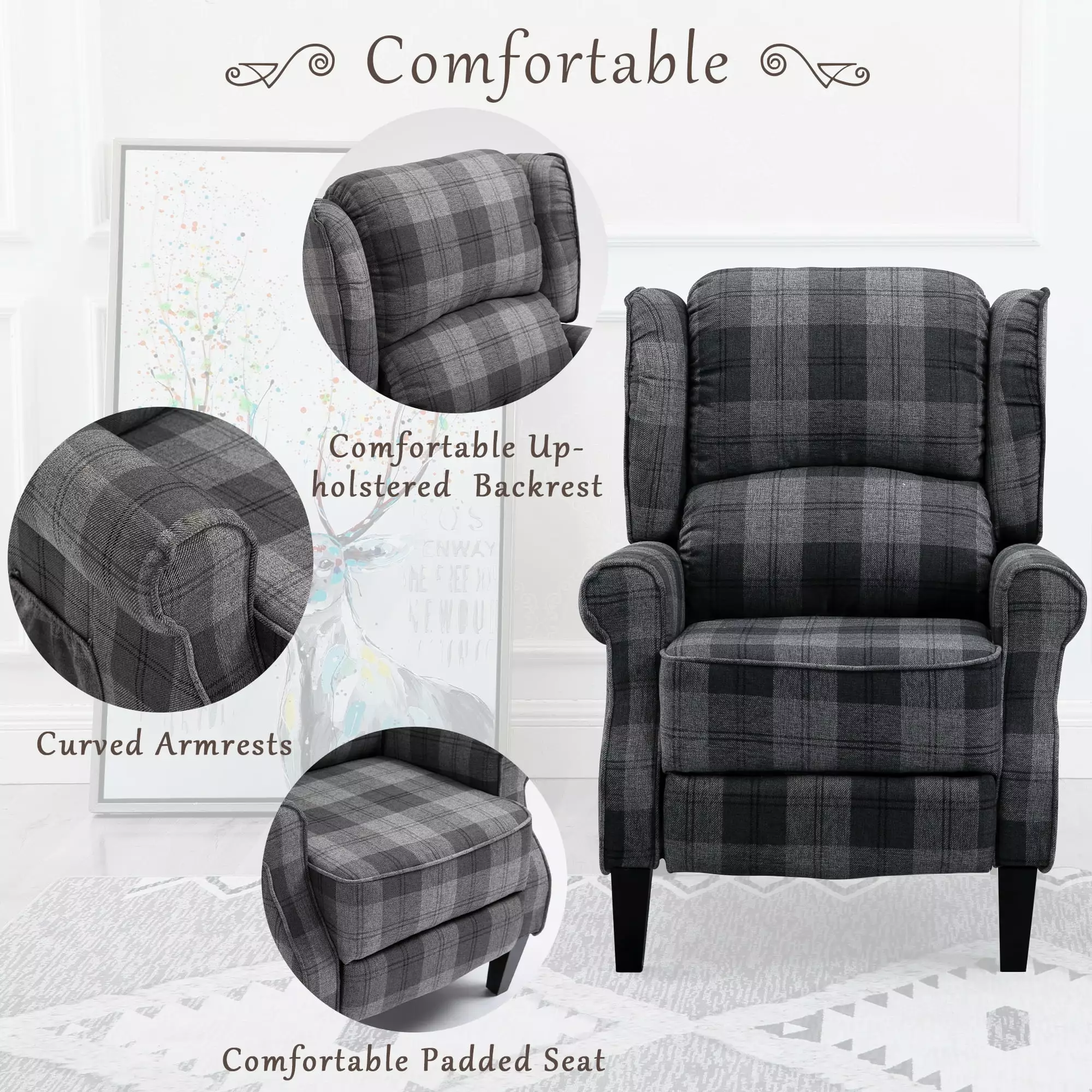 Andoer Vintage Armchair Sofa Comfortable Upholstered Leisure Recliner Chair Grey Check