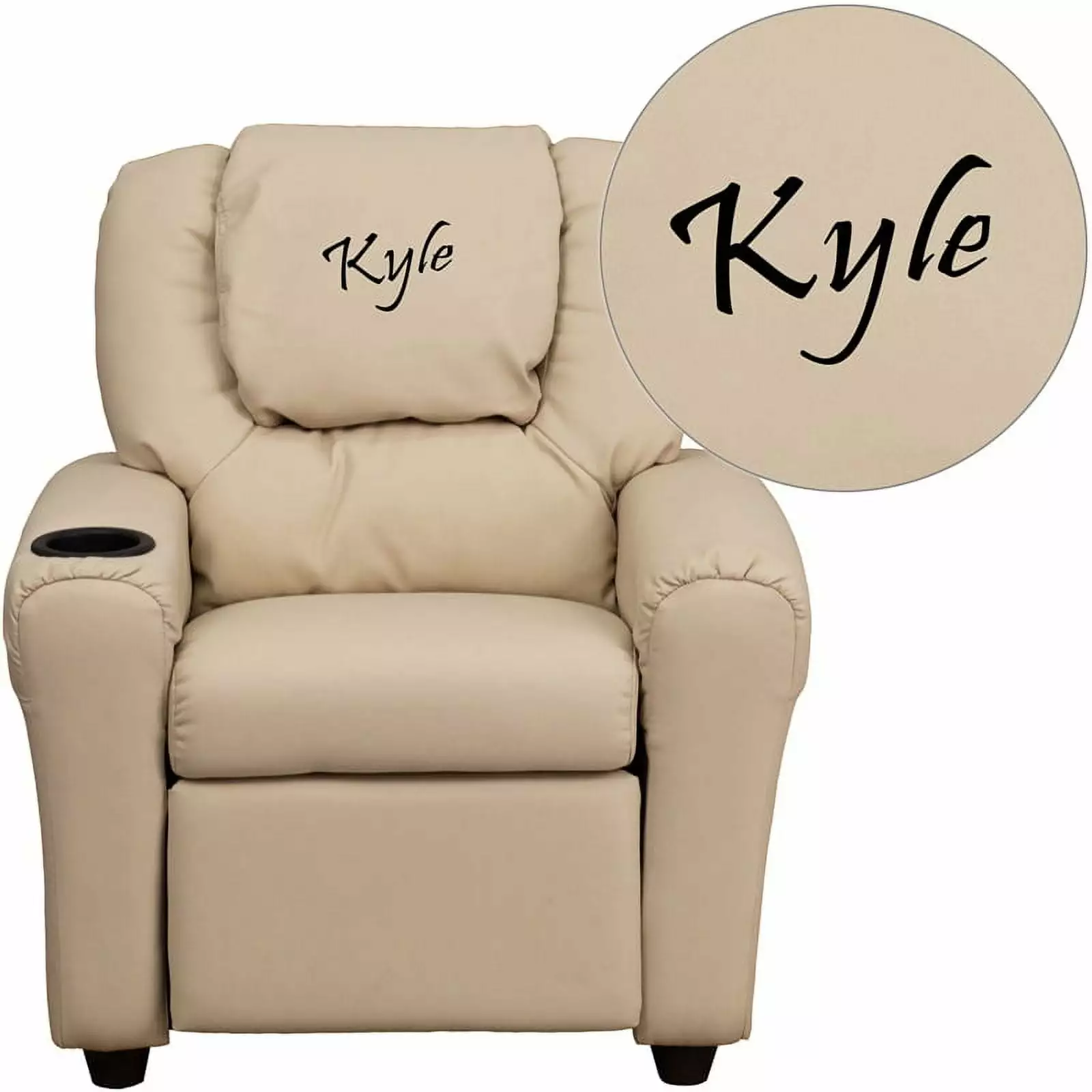 Personalized Beige Vinyl Kids Recliner Cup Holder and Headrest Children's Chair Flash Furniture