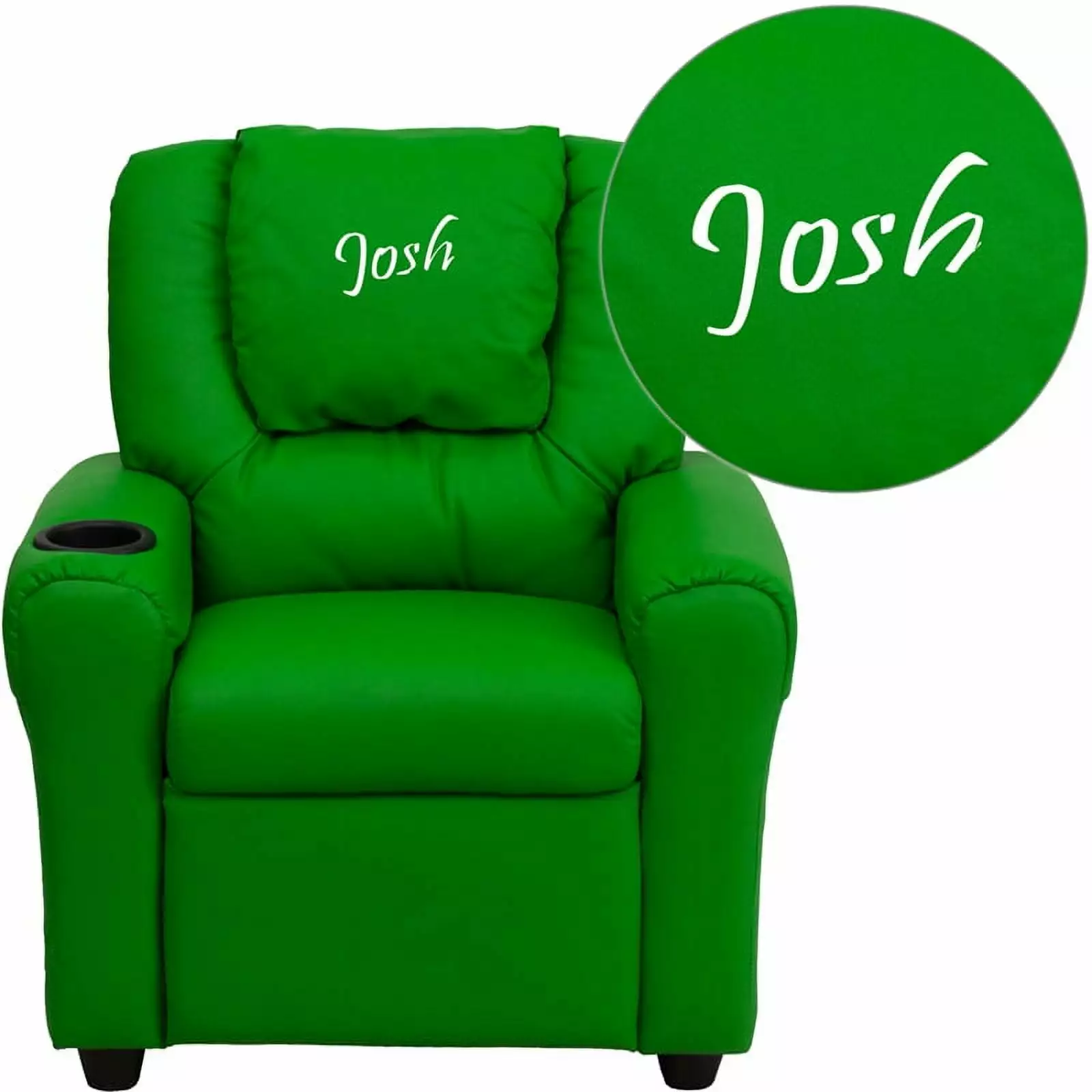 Personalized Green Vinyl Kids Recliner Cup Holder and Headrest Flash Furniture