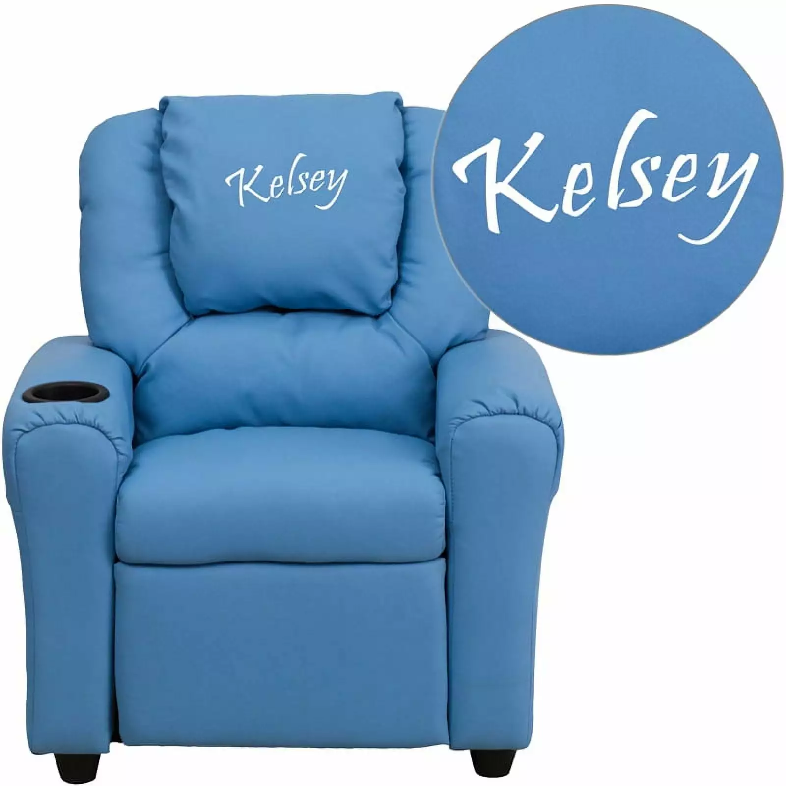 Personalized Light Blue Vinyl Kids Recliner Cup Holder and Headrest Flash Furniture