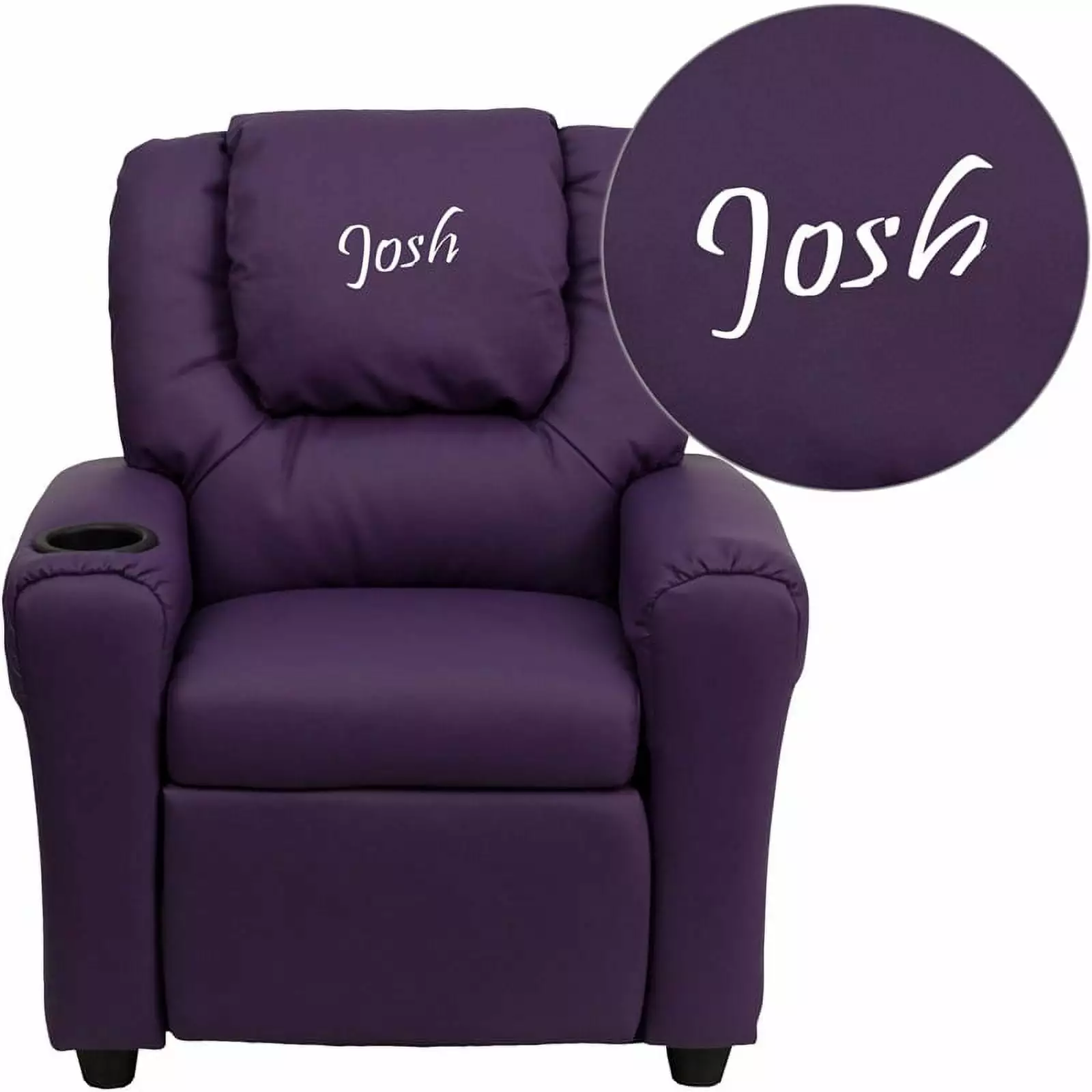 Personalized Purple Vinyl Kids Recliner Cup Holder and Headrest Children's Chair Flash Furniture