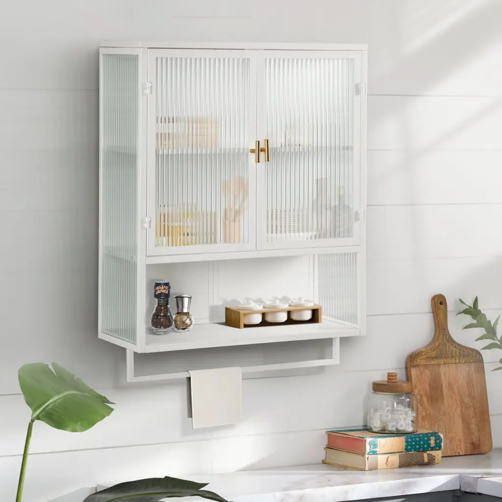 23.62 Inch Glass Doors Modern Two Door Wall Cabinet Two Tier Shelves rnb