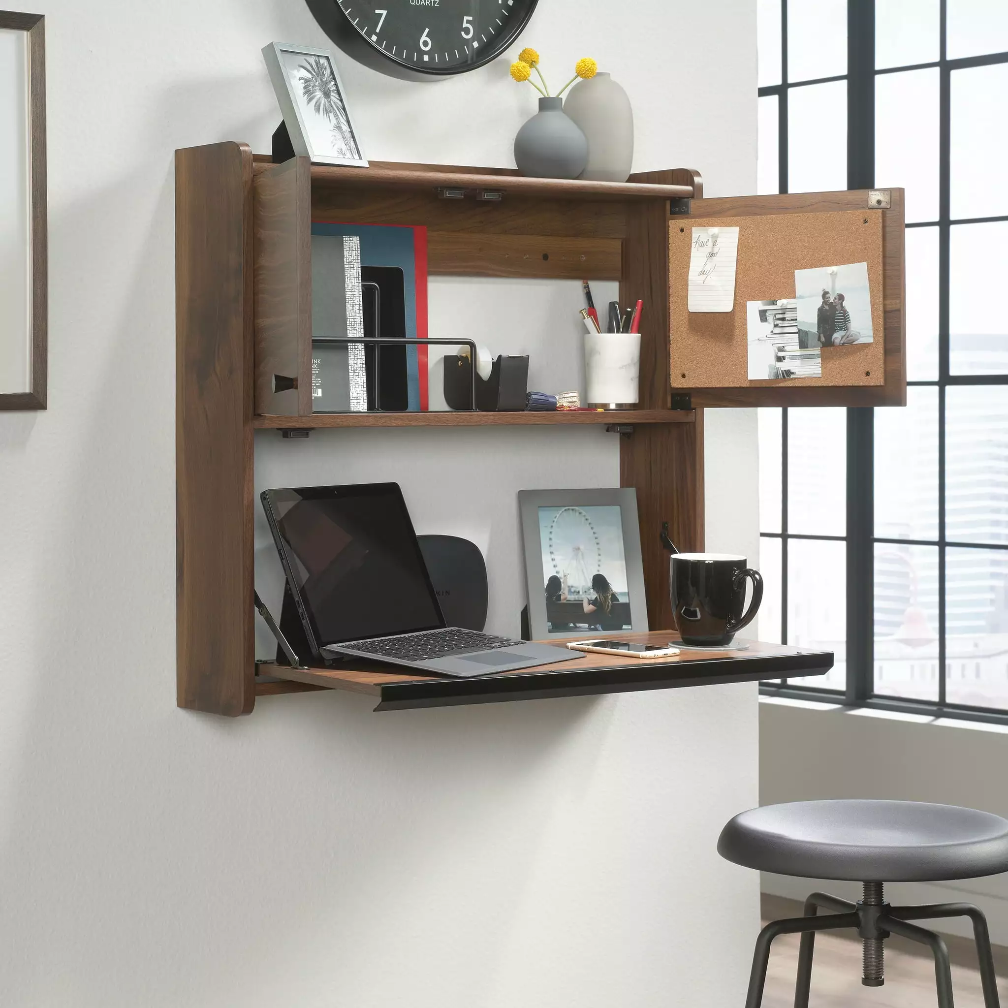 Sauder Harvey Par Floating Wall Desk Grand Walnut Finish Small Spaces
