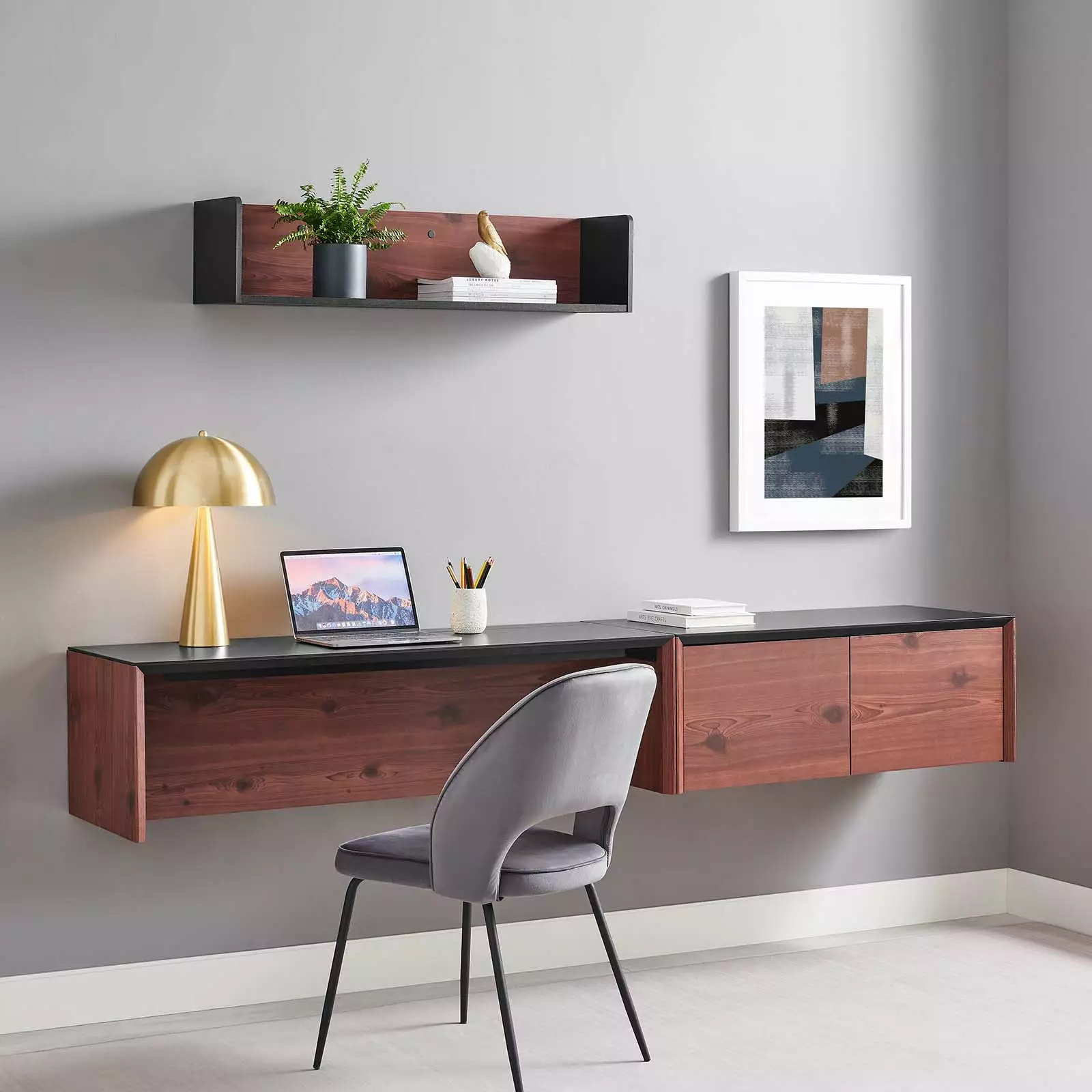 Modway Kinetic 49 Wall-Mount Office Desk Cabinet and Shelf Black Cherry