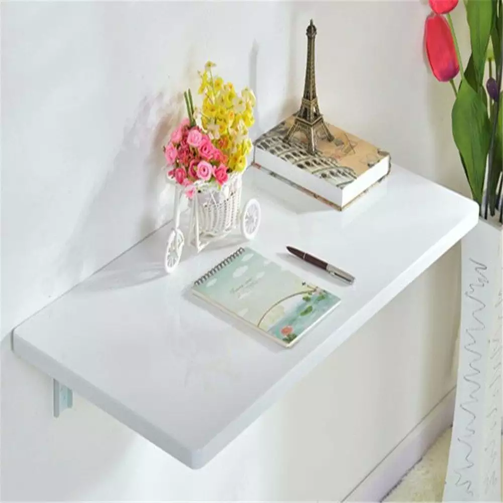 BaytoCare Wall-Mounted Floating Folding Laptop Desk White Wooden Table Study Bedroom Bathroom