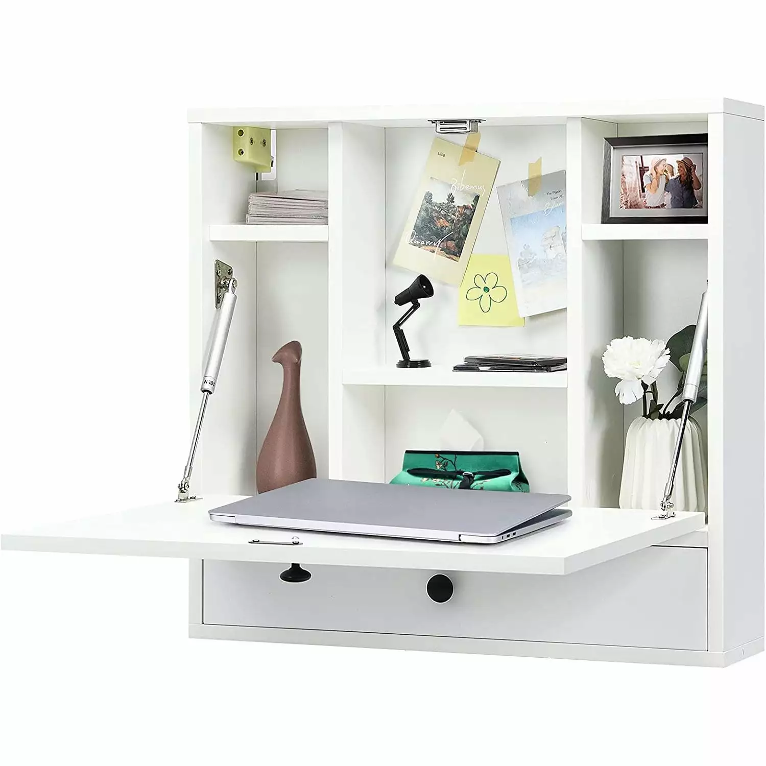 Bilot Wall Mounted Floating Desk Storage Drawer and Shelves - Fold Up Design Small Spaces