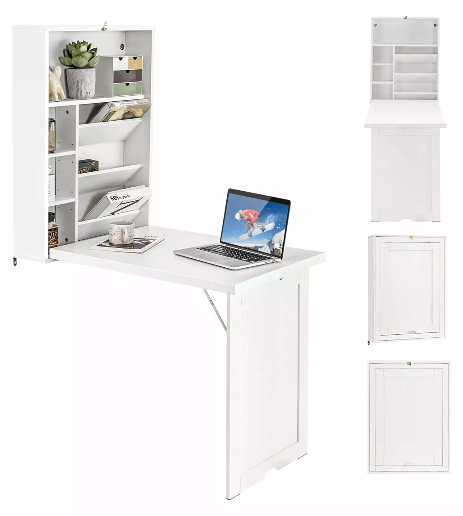 BULYAXIA Wall Mounted Folding Desk 3-Tier Tilt Storage Partition and Adjustable Shelves