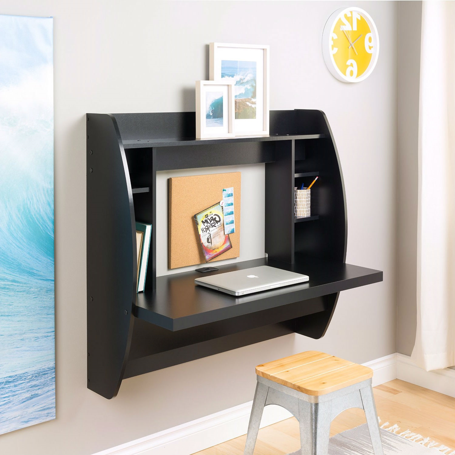 Modern Black Wall Mounted Floating Laptop Desk Space Saving Fast Furnishing