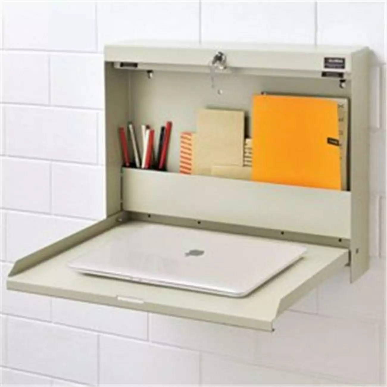 Global 249997 20x3.38x16.38 Folding Wall Mounted Locking Shop Desk Tan