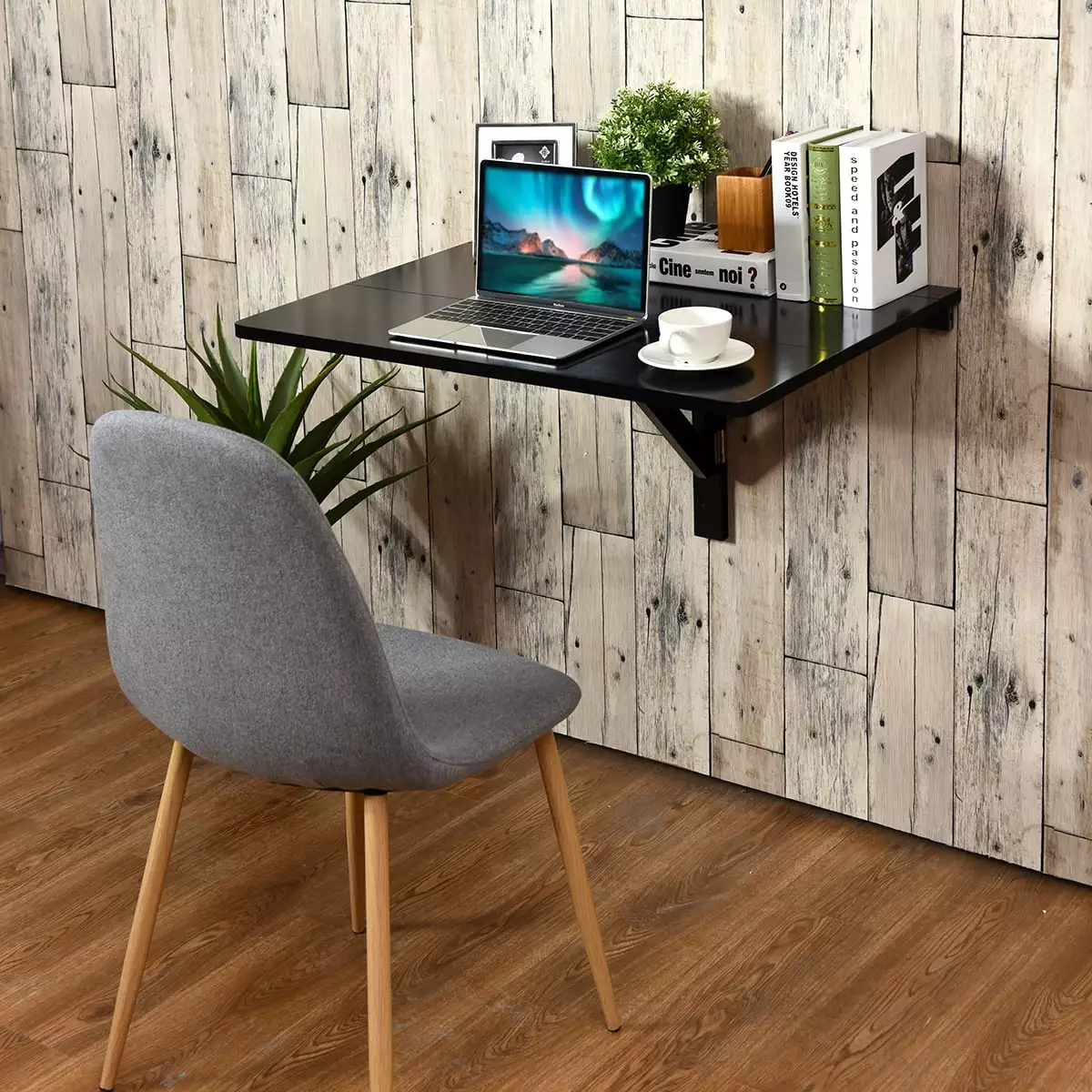 Gymax Black Wall-Mounted Drop-Leaf Table Floating Folding Desk Space Saver