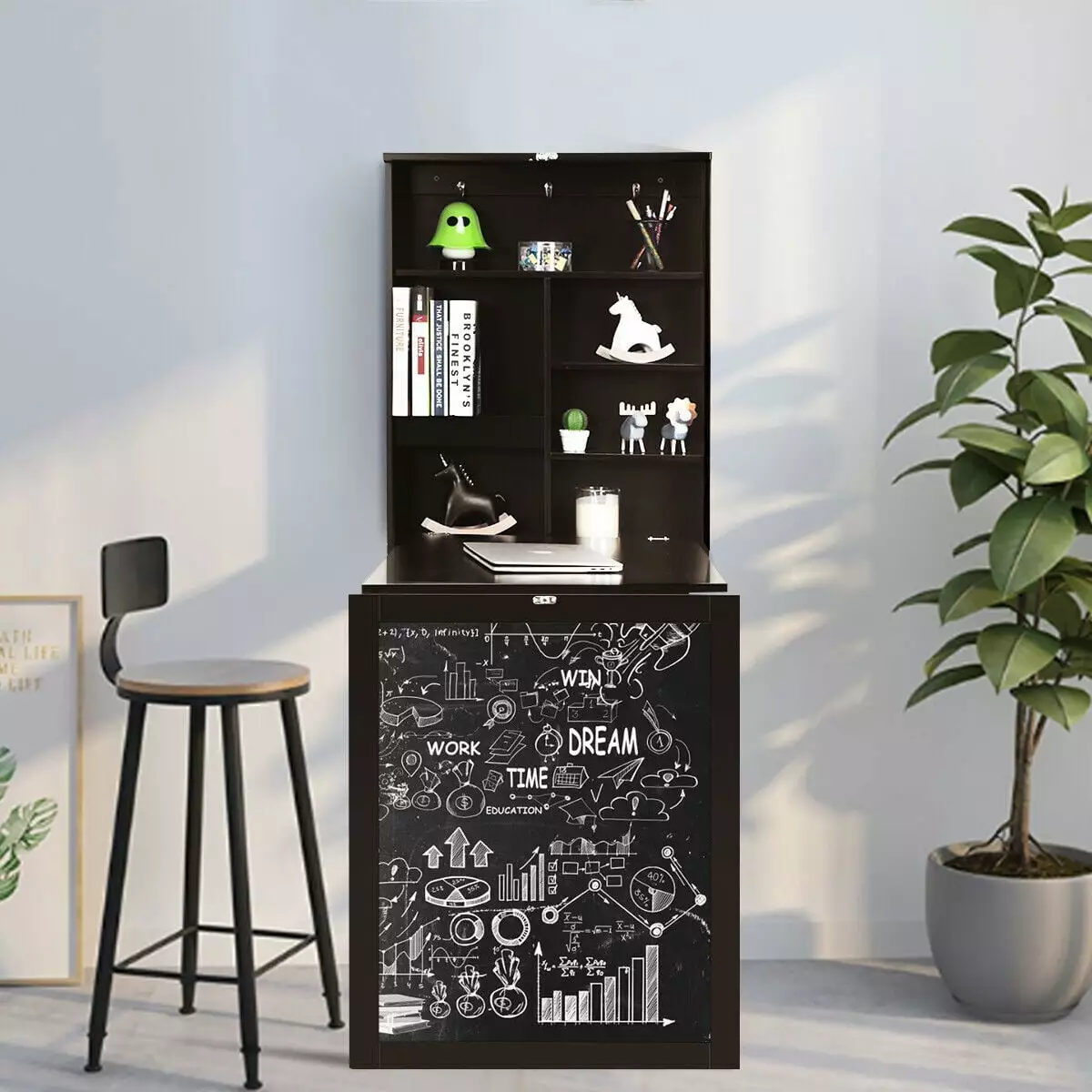 Gymax Brown Wall Mounted Fold Out Convertible Desk Blackboard