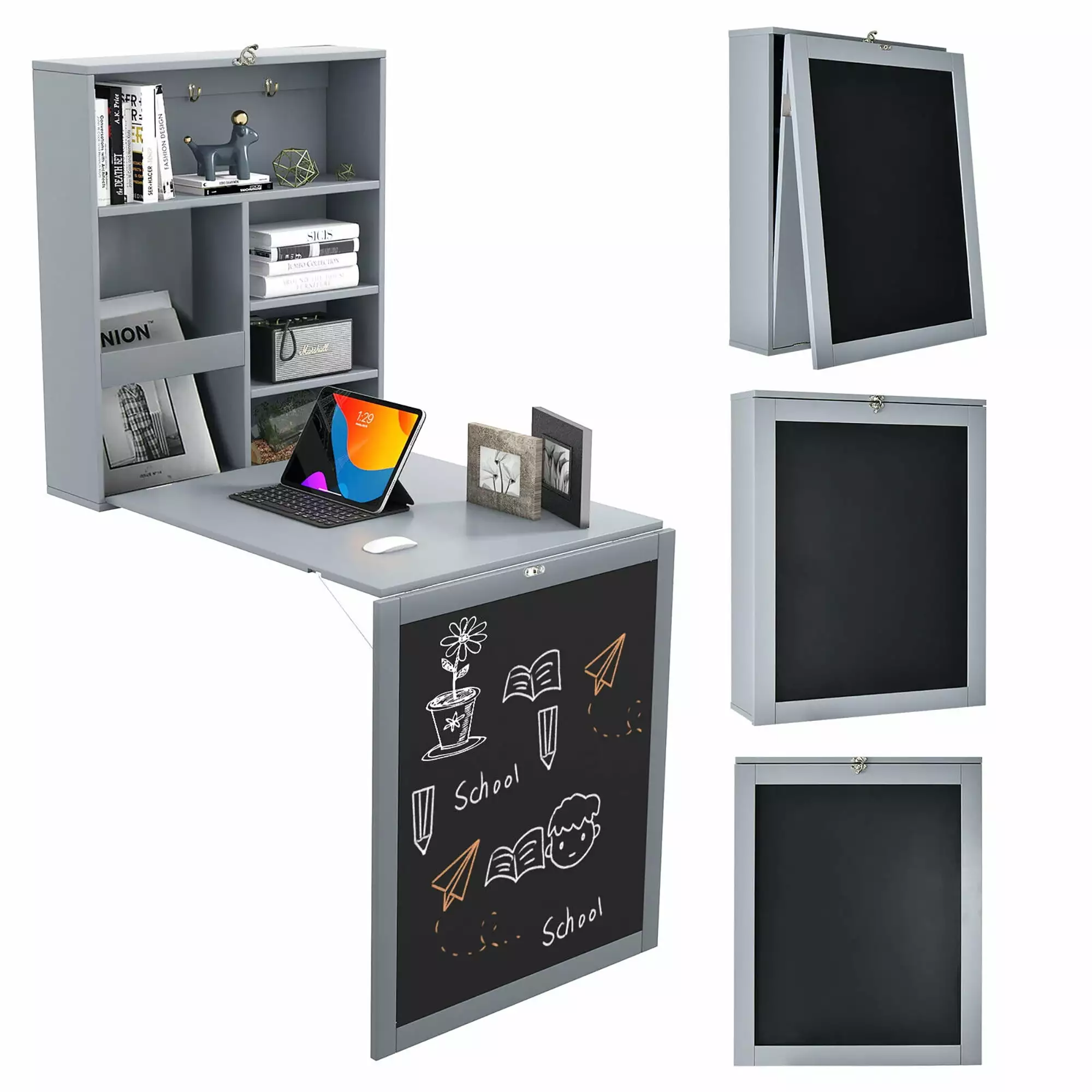 Gymax Grey Wall Mounted Fold Out Convertible Desk Blackboard Chalkboard