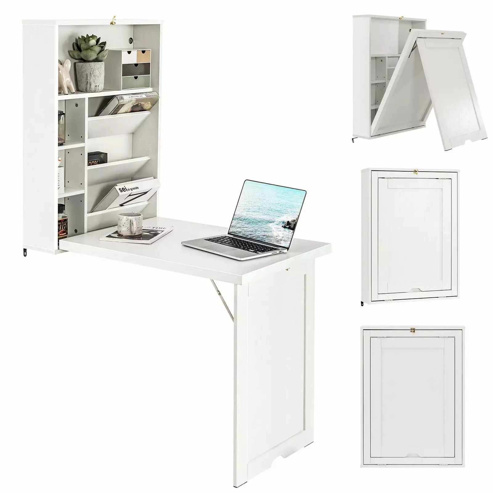 Gymax Wall Mounted Floating Desk Storage Bookcases - Space-Saving White Office Furniture