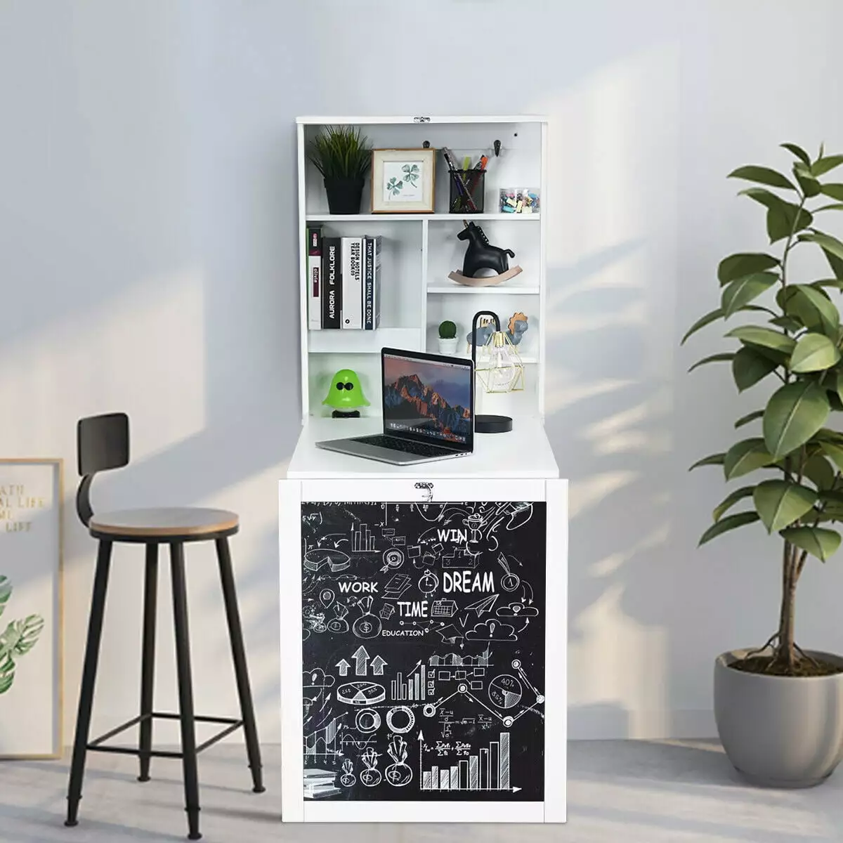 Gymax White Wall Mounted Fold Out Convertible Desk Blackboard Chalkboard